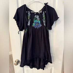 Free People Navy Embroidered Cold Shoulder Boho Top Size S/P